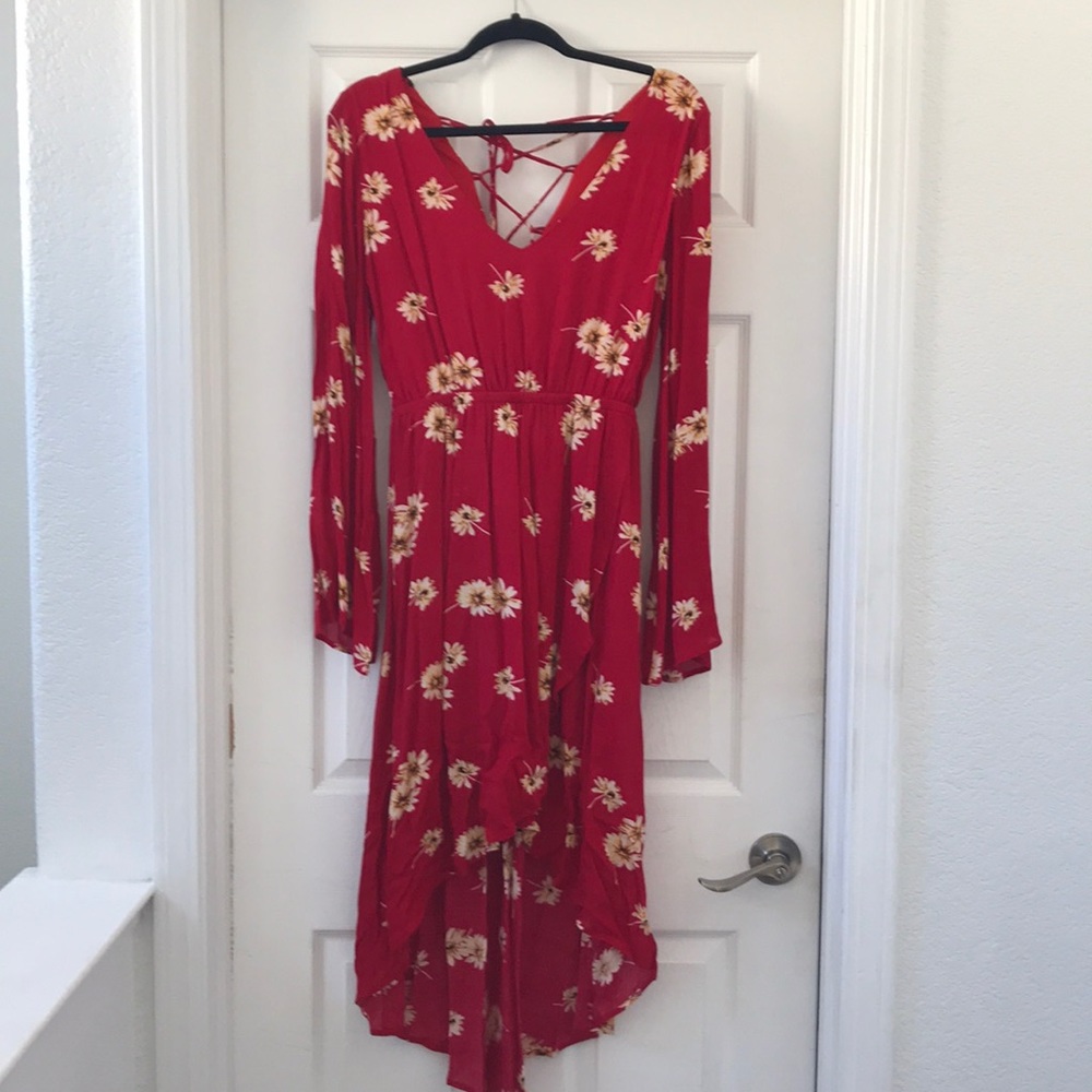 Red Floral 3/4 length dress